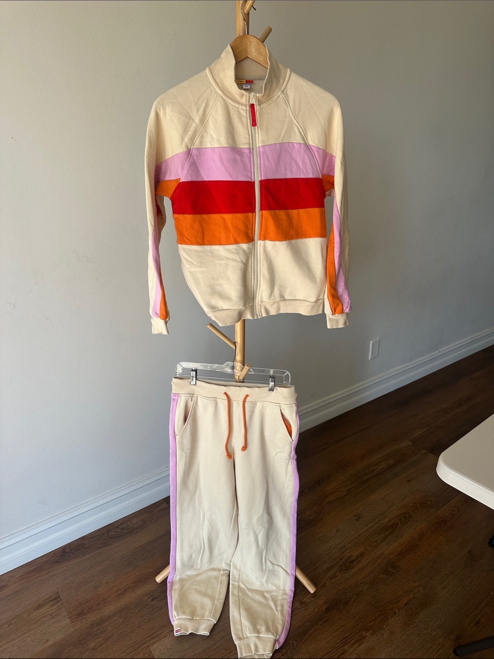 Cream Zip-Up Jacket & Jogger Set with Pink, Red and Orange Stripes